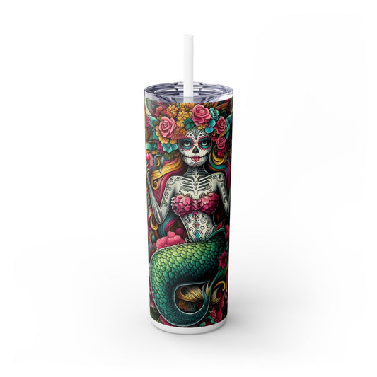 Mermaid Sugar Skull Skinny Tumbler with Straw, 20oz