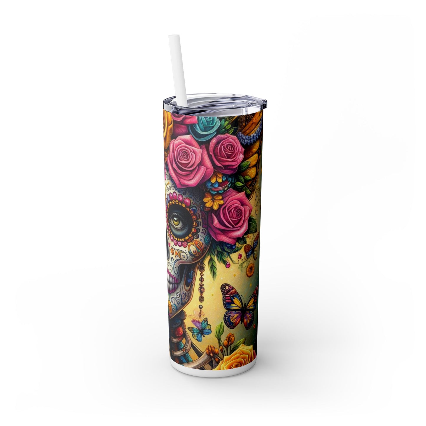 Sugar Skull Skinny Tumbler with Straw, 20oz