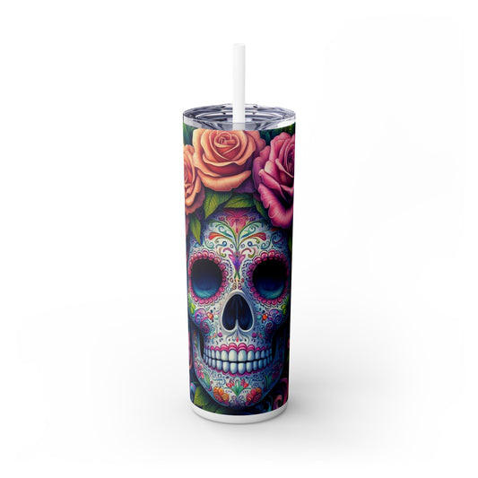 Sugar Skull Skinny Tumbler with Straw, 20oz