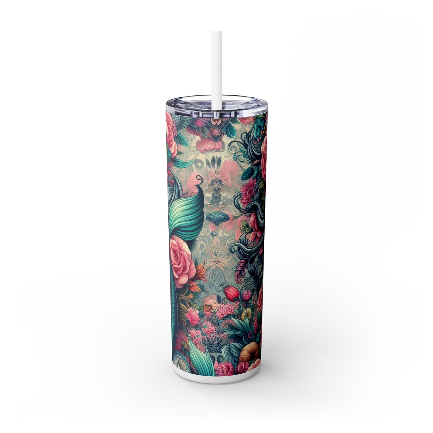 Mermaid Sugar Skull Skinny Tumbler with Straw, 20oz