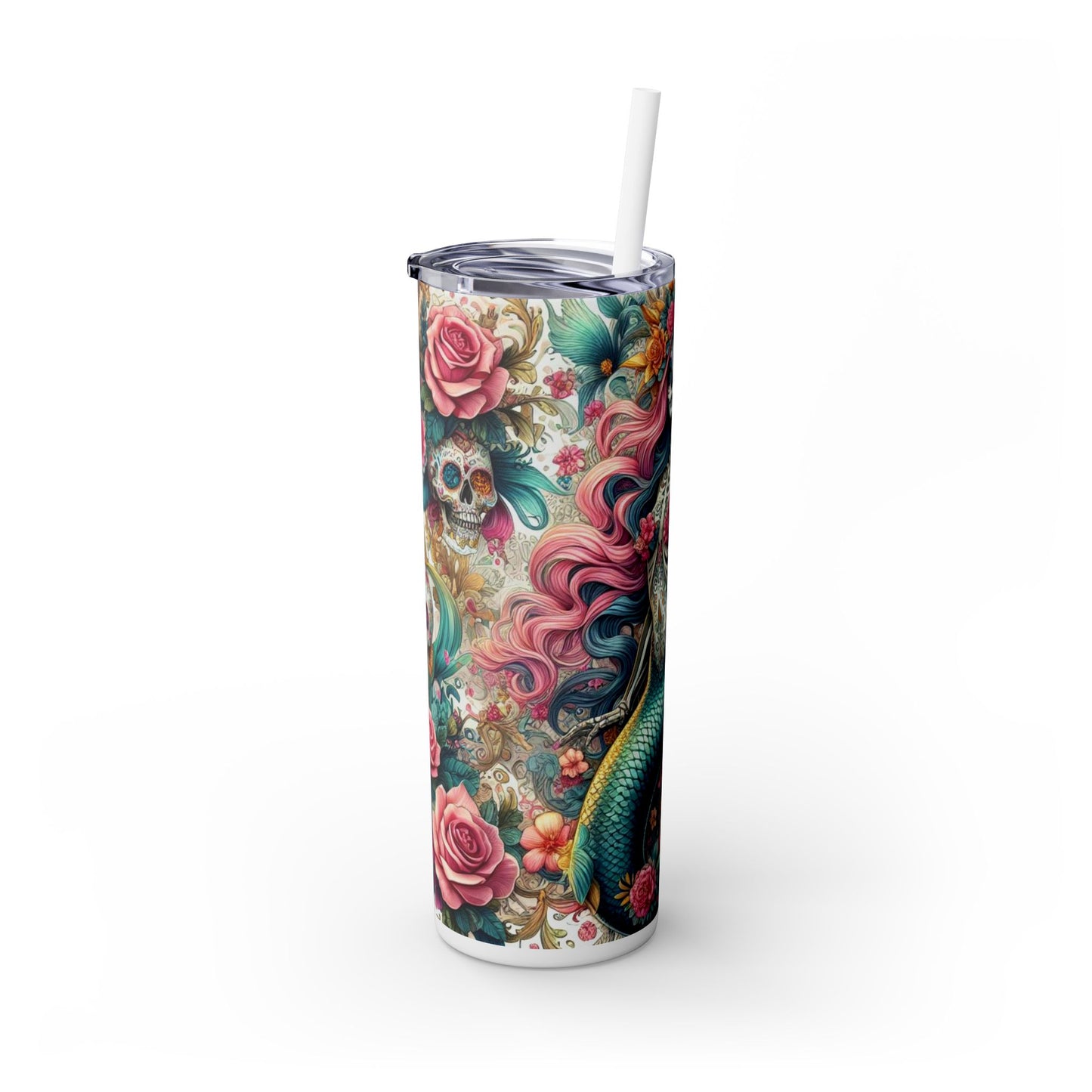 Mermaid Sugar Skull Skinny Tumbler with Straw, 20oz