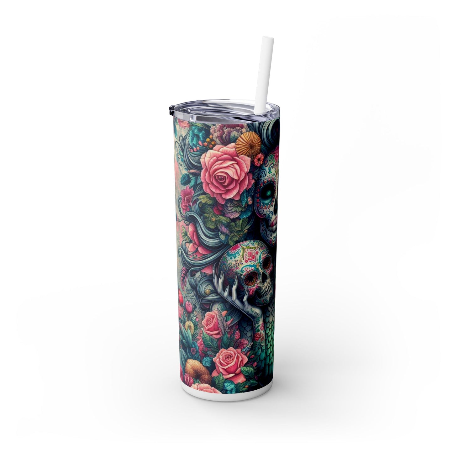 Mermaid Sugar Skull Skinny Tumbler with Straw, 20oz