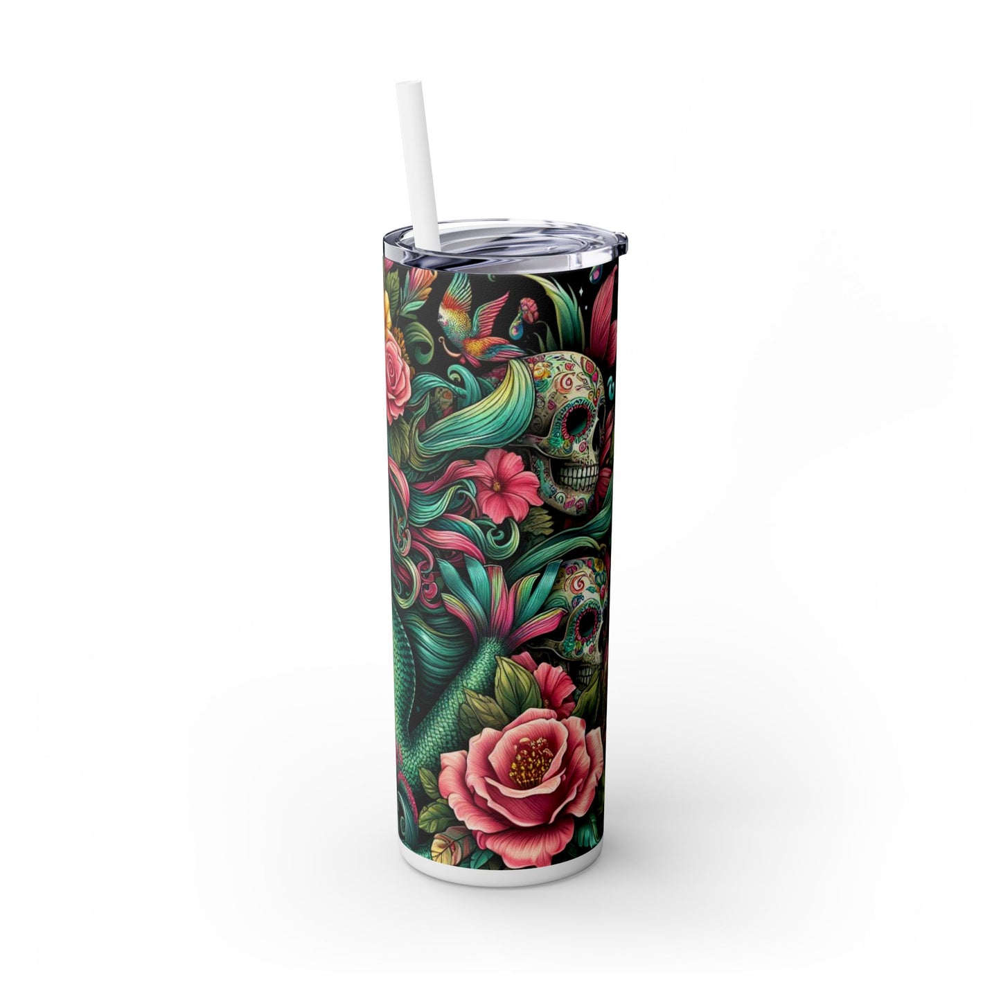 Mermaid Sugar Skull Skinny Tumbler with Straw, 20oz