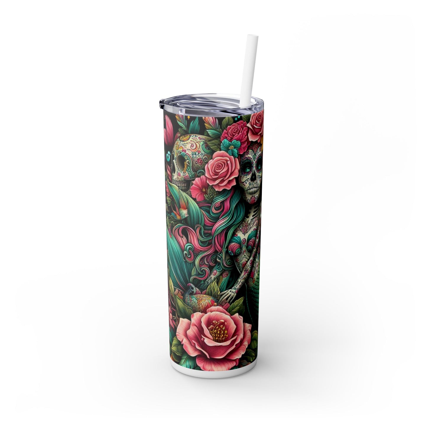 Mermaid Sugar Skull Skinny Tumbler with Straw, 20oz