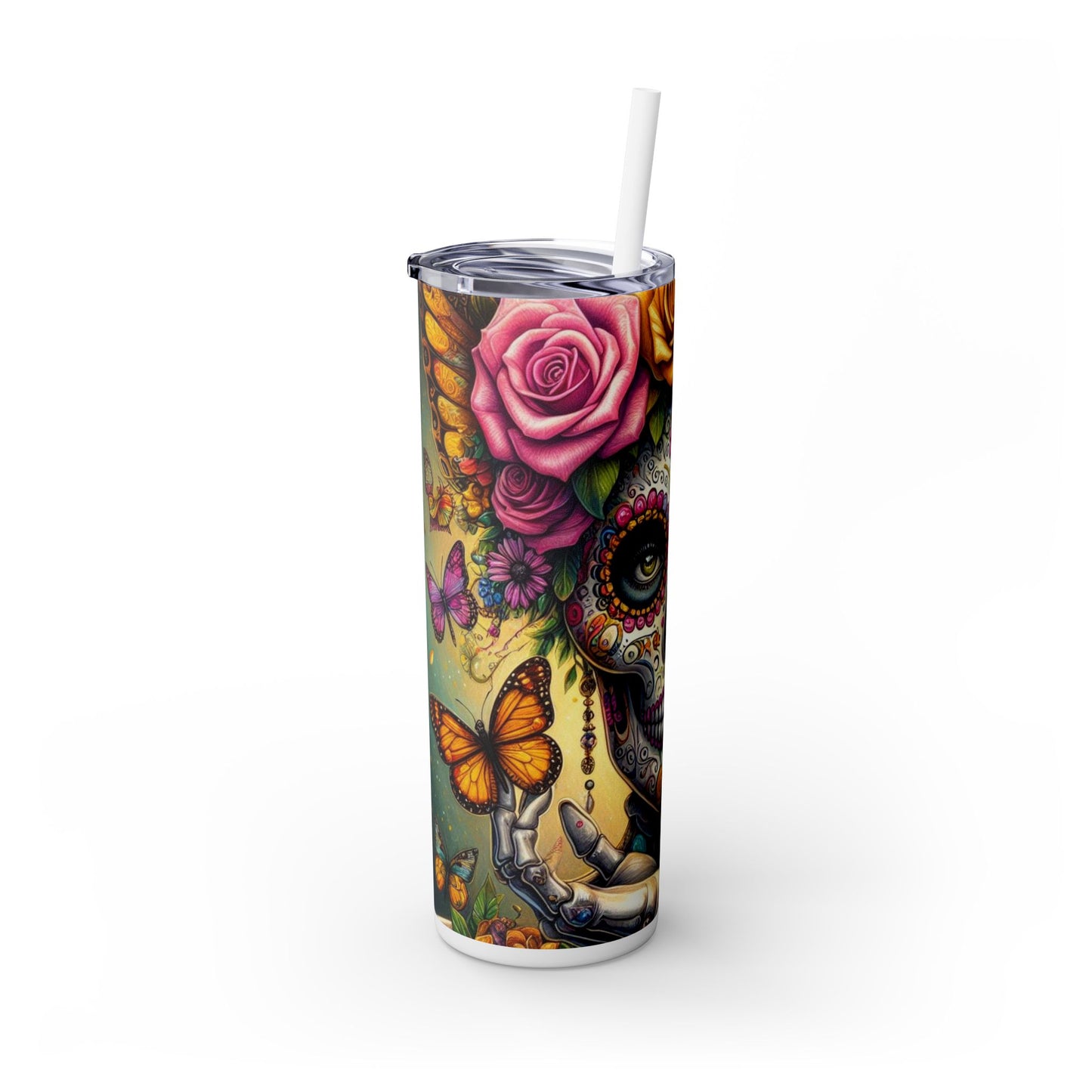 Sugar Skull Skinny Tumbler with Straw, 20oz