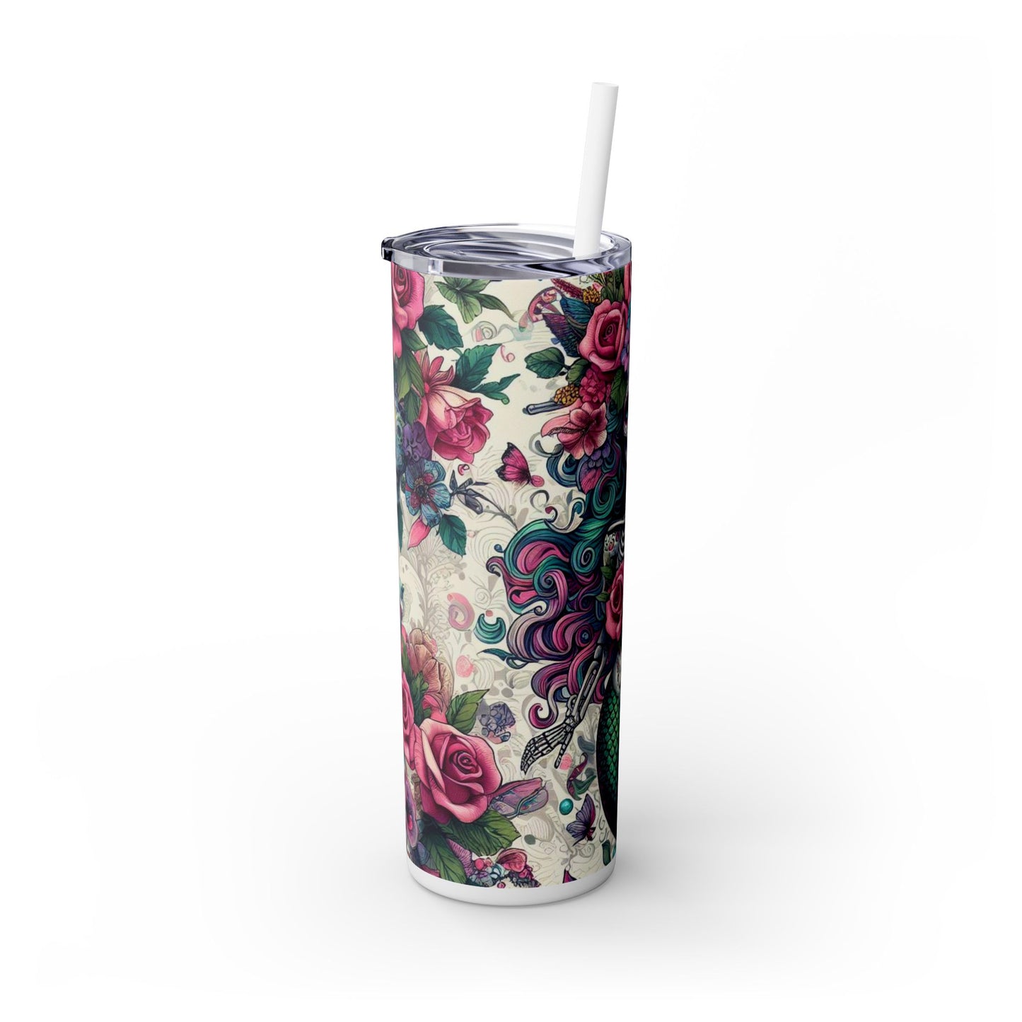 Mermaid Sugar Skull Skinny Tumbler with Straw, 20oz