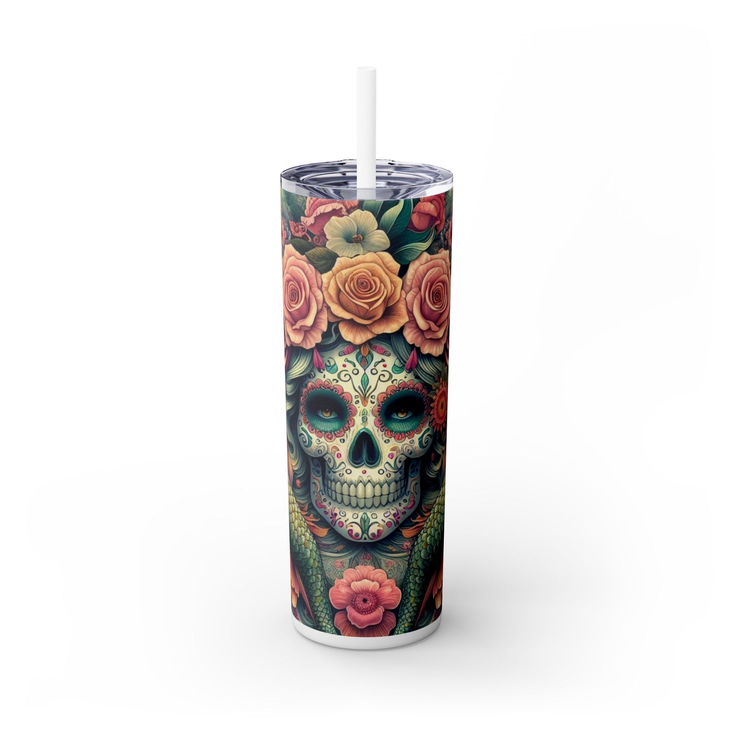 Mermaid Sugar Skull Skinny Tumbler with Straw, 20oz