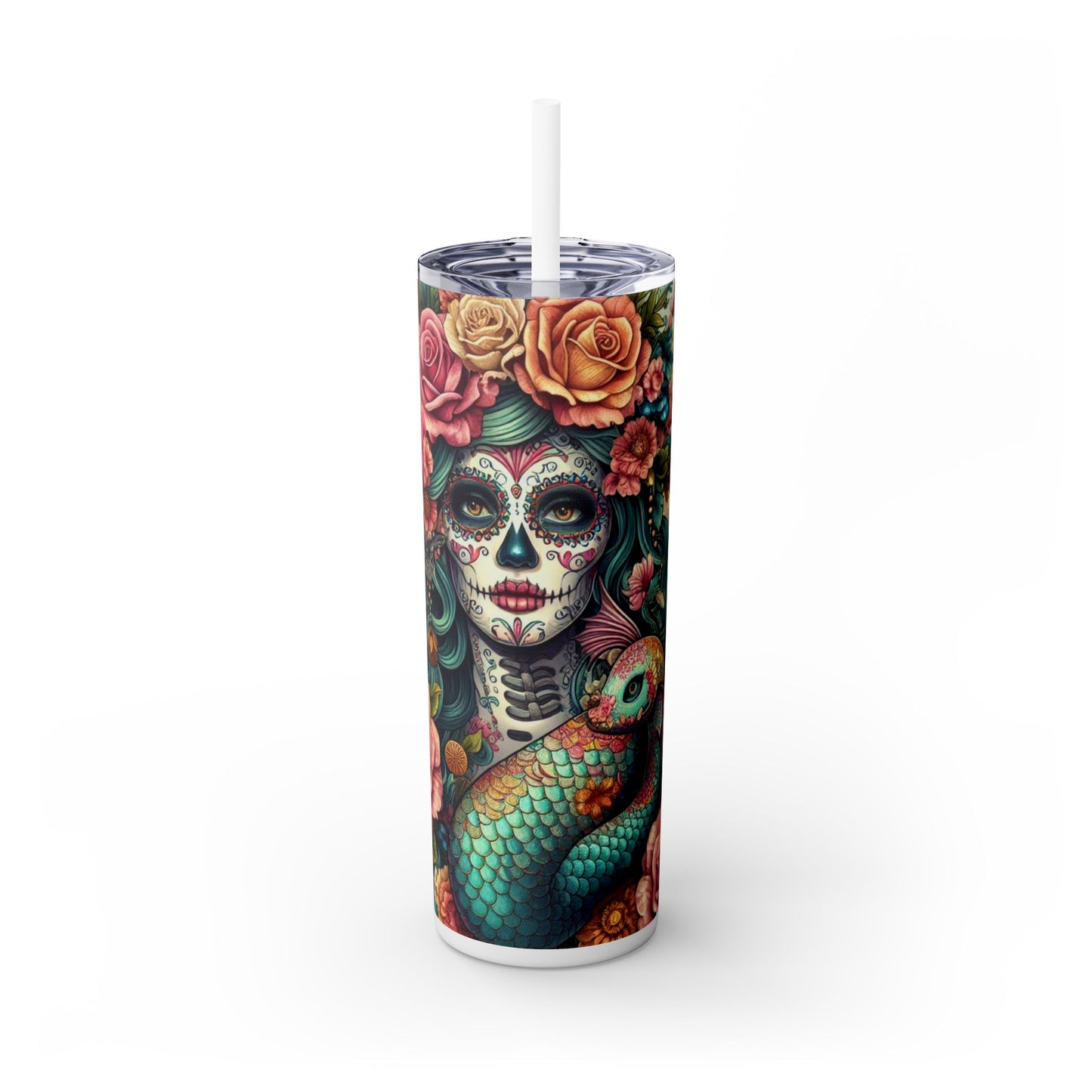 Mermaid Sugar Skull Skinny Tumbler with Straw, 20oz