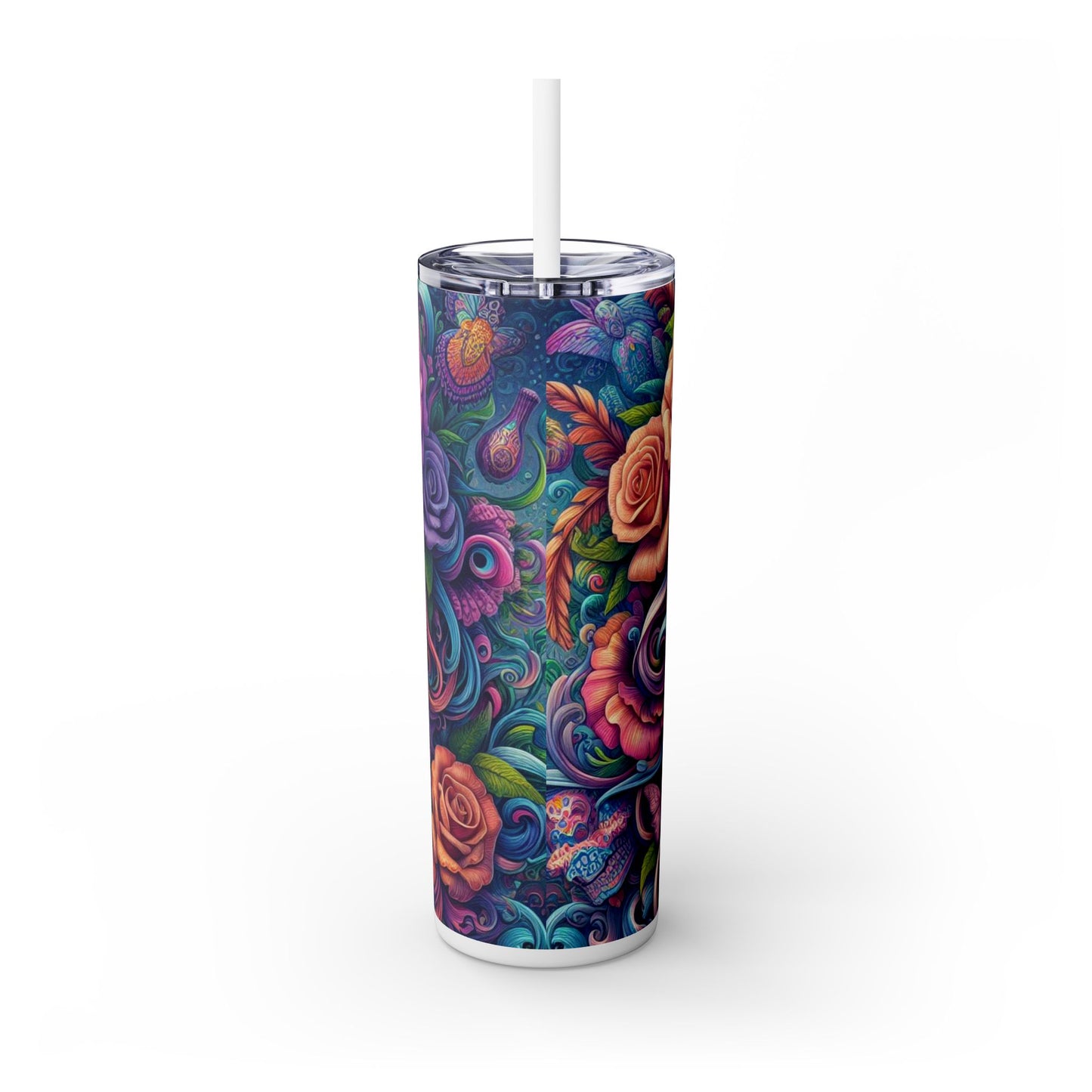 Sugar Skull Skinny Tumbler with Straw, 20oz