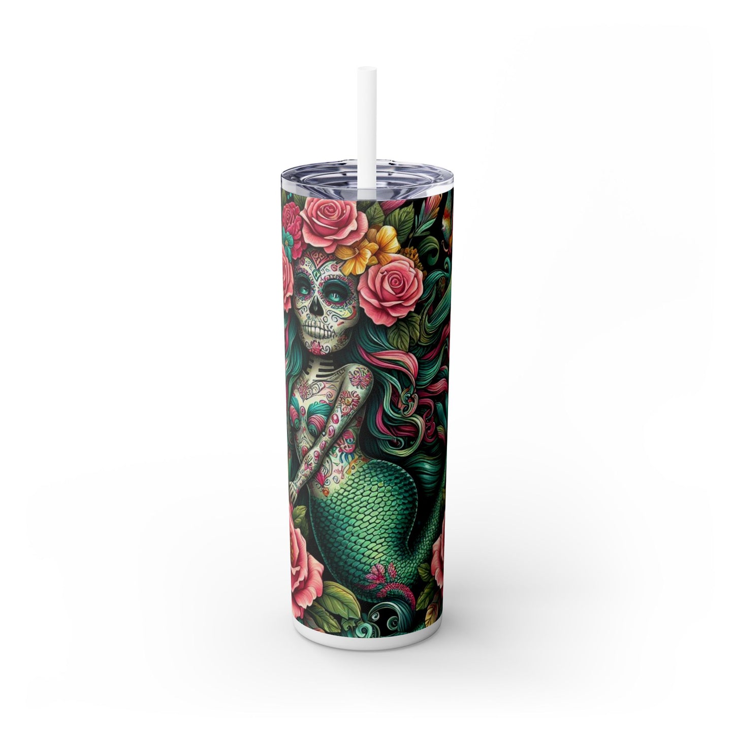 Mermaid Sugar Skull Skinny Tumbler with Straw, 20oz