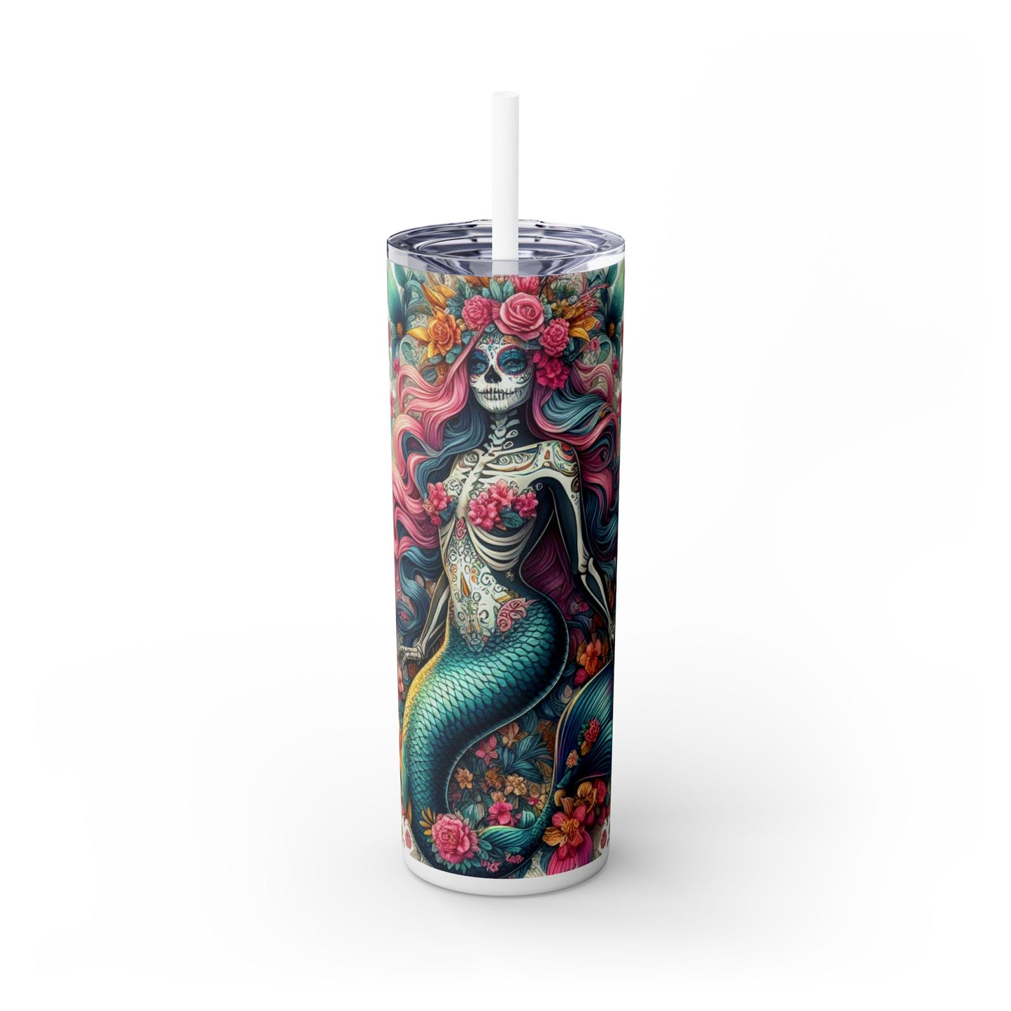 Mermaid Sugar Skull Skinny Tumbler with Straw, 20oz