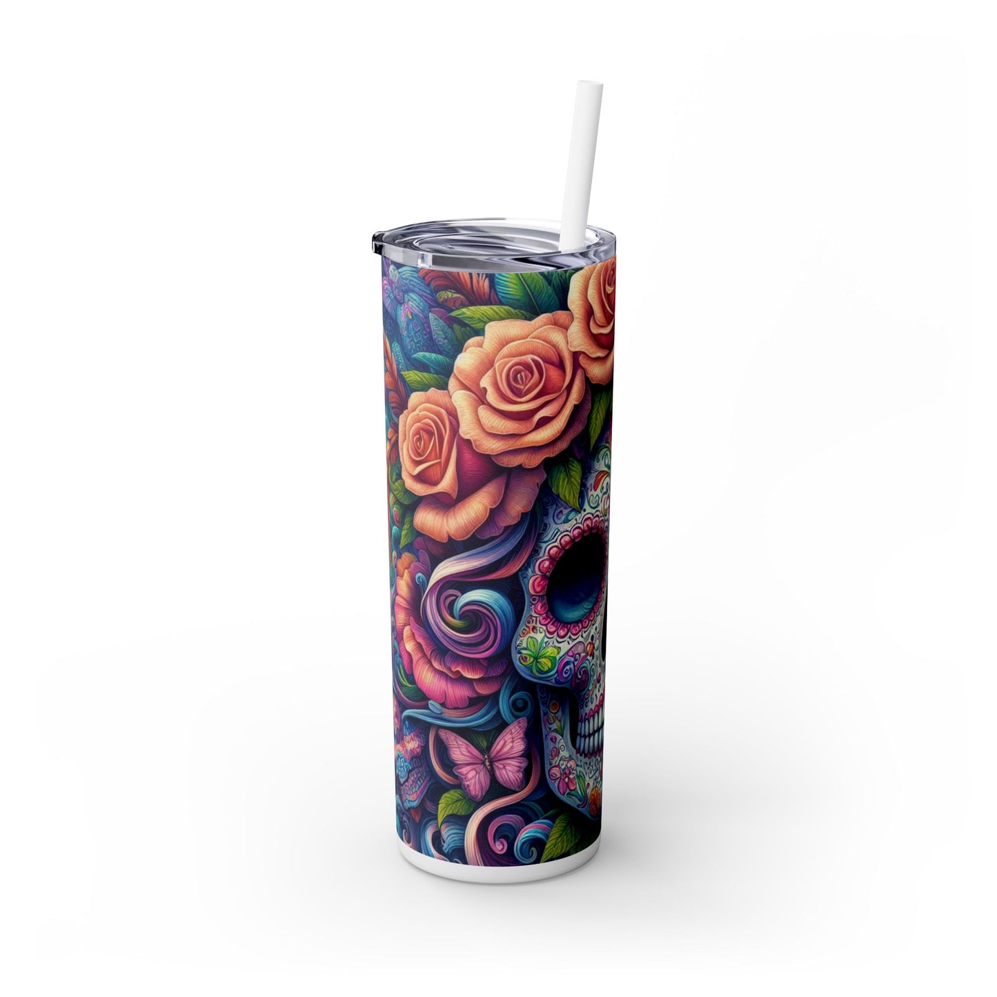 Sugar Skull Skinny Tumbler with Straw, 20oz