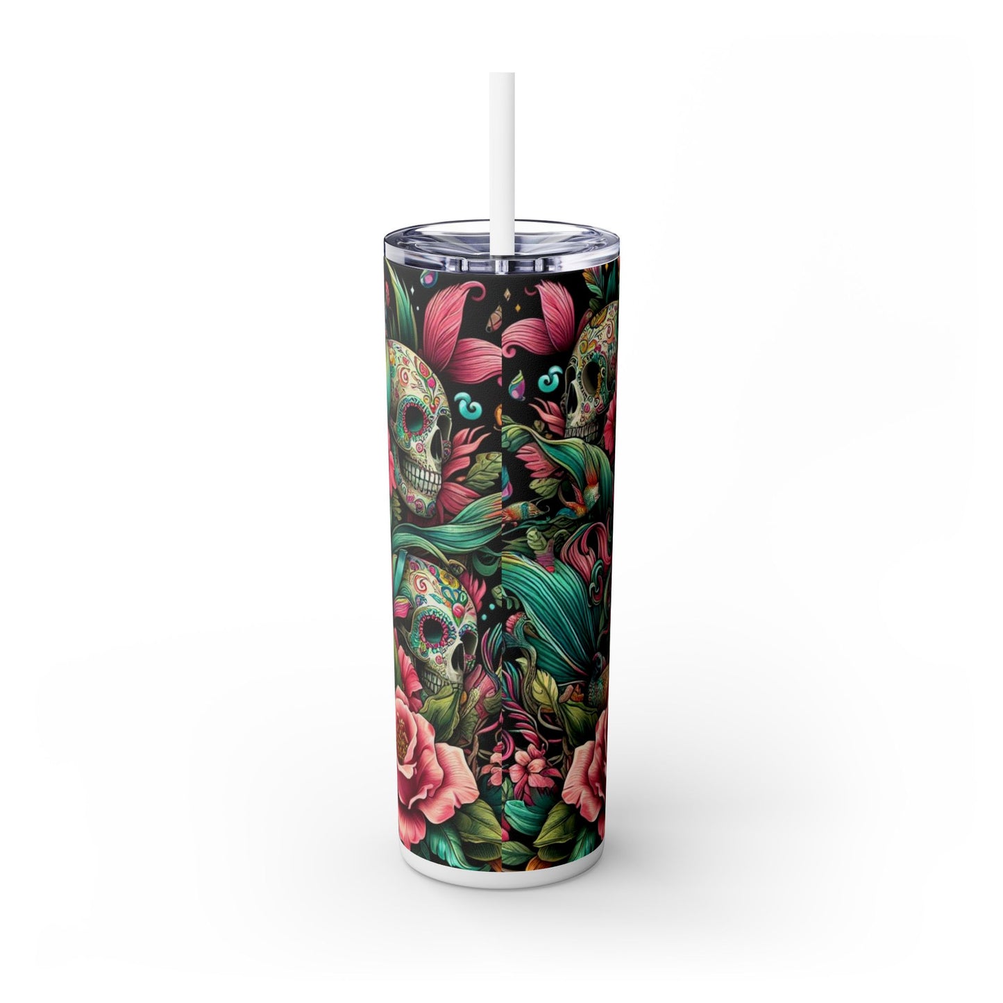 Mermaid Sugar Skull Skinny Tumbler with Straw, 20oz