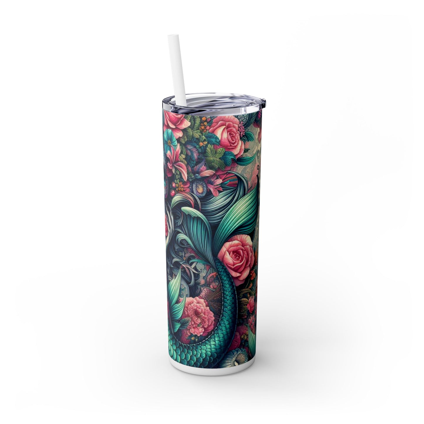 Mermaid Sugar Skull Skinny Tumbler with Straw, 20oz