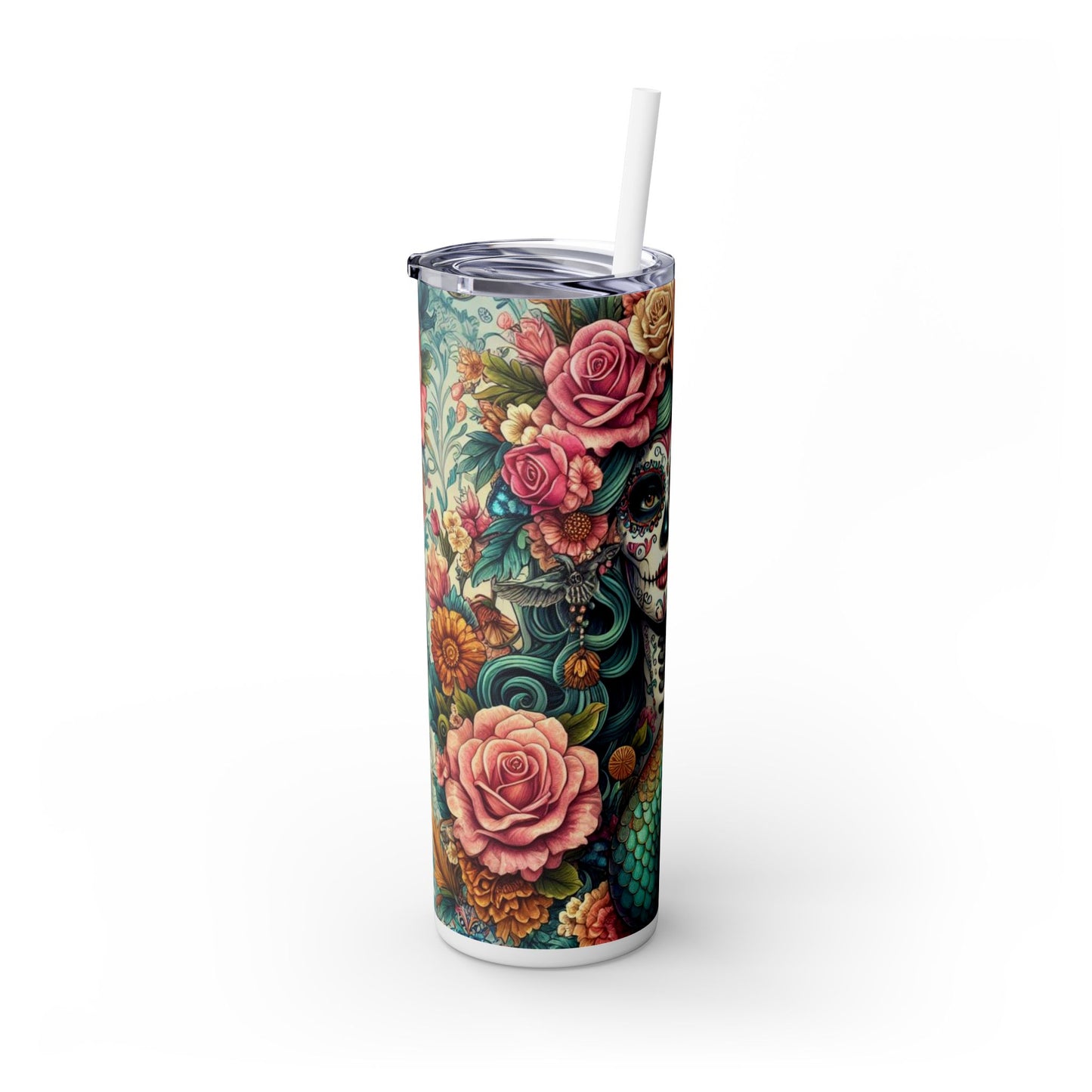 Mermaid Sugar Skull Skinny Tumbler with Straw, 20oz