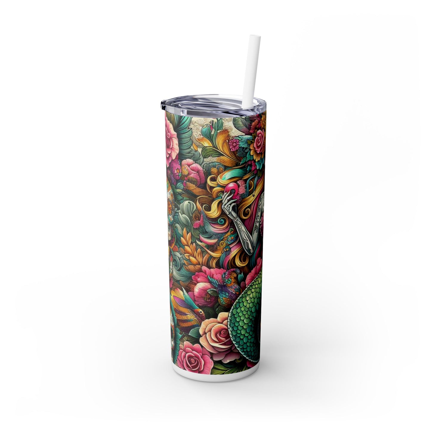 Mermaid Sugar Skull Skinny Tumbler with Straw, 20oz