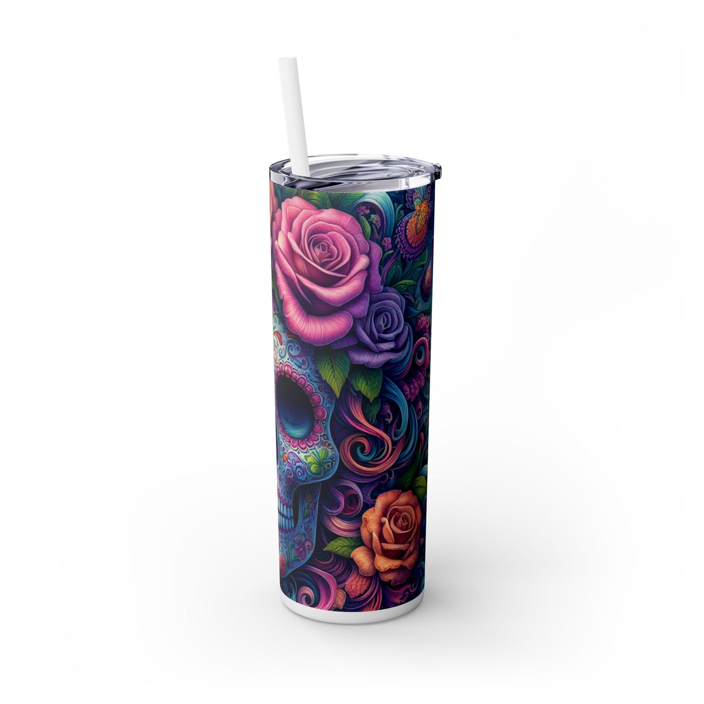 Sugar Skull Skinny Tumbler with Straw, 20oz