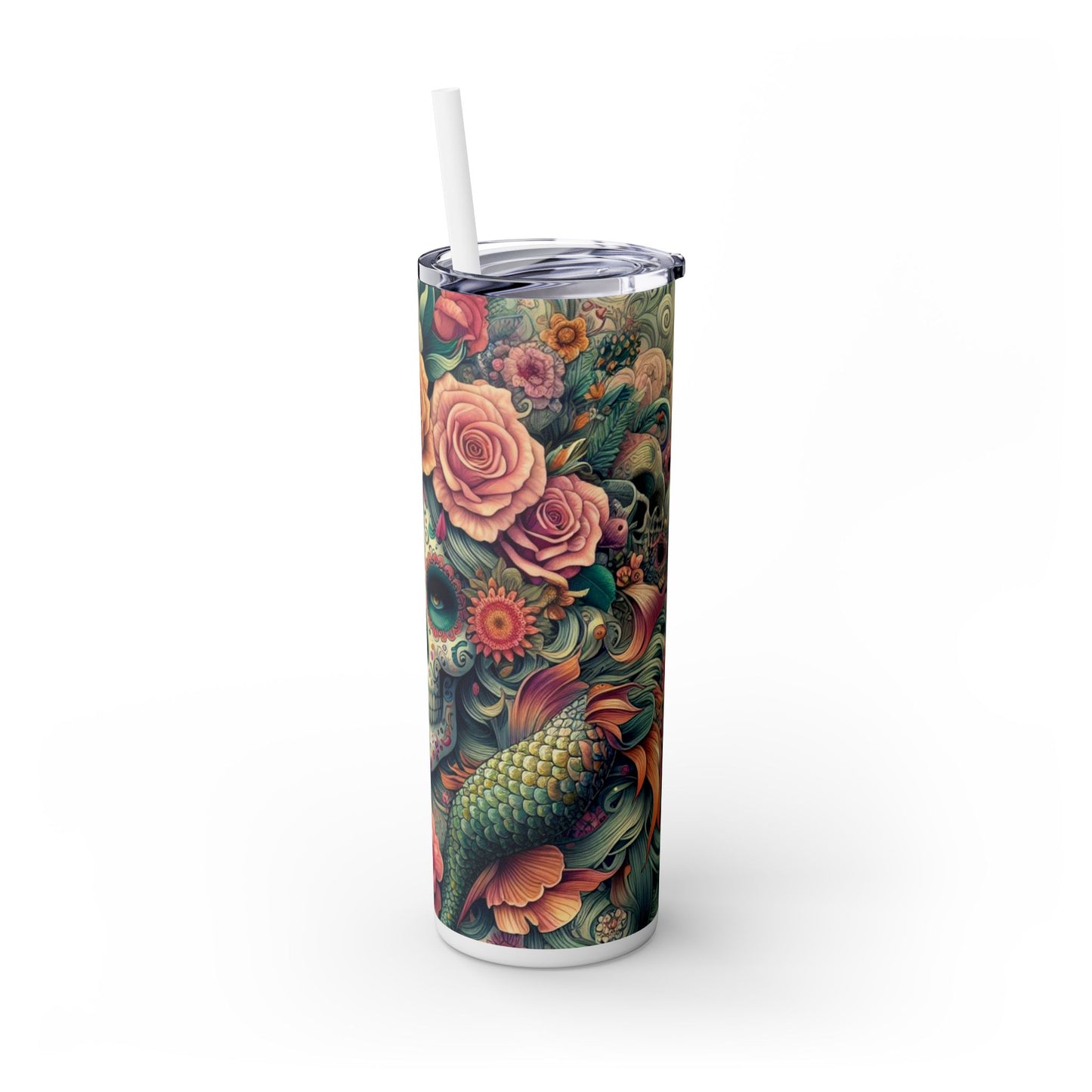 Mermaid Sugar Skull Skinny Tumbler with Straw, 20oz