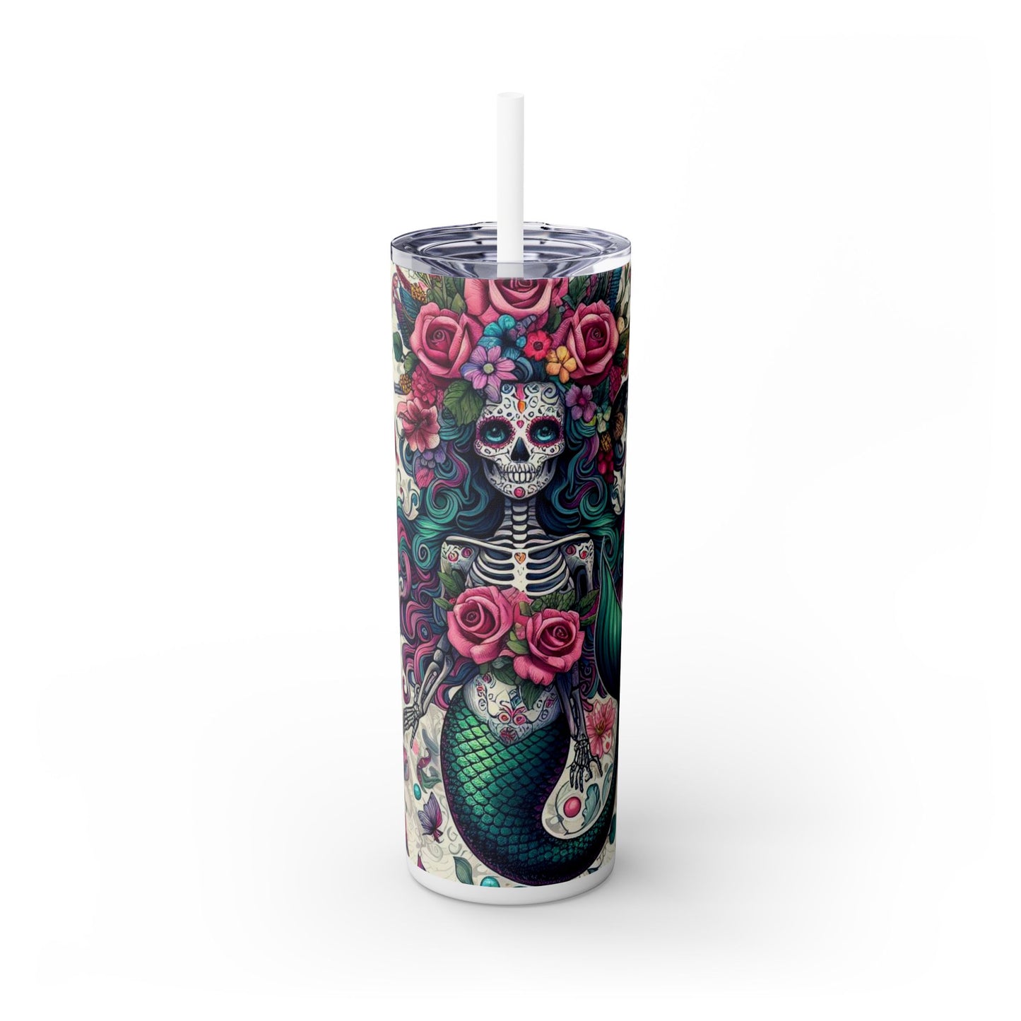 Mermaid Sugar Skull Skinny Tumbler with Straw, 20oz