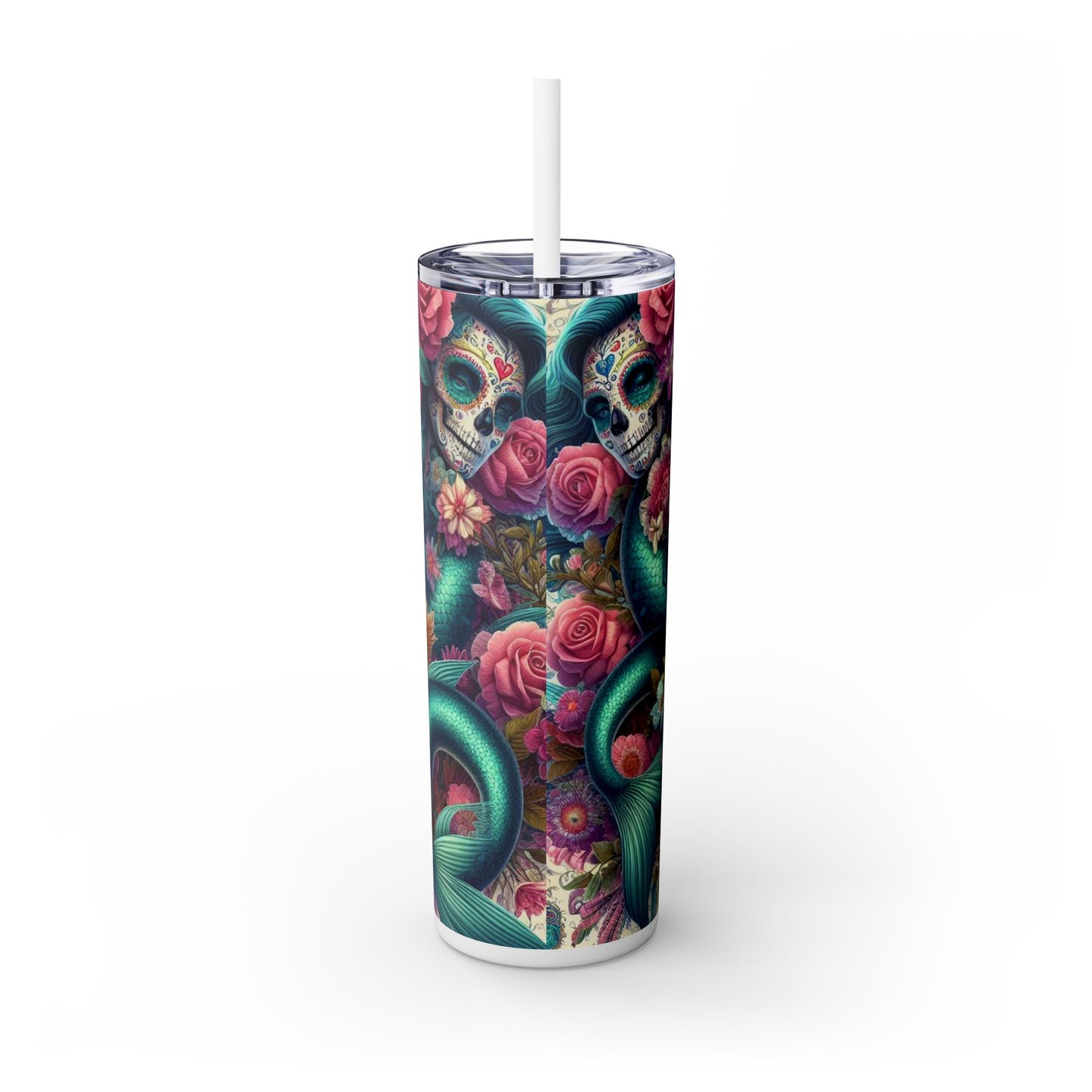 Mermaid Sugar Skull Skinny Tumbler with Straw, 20oz