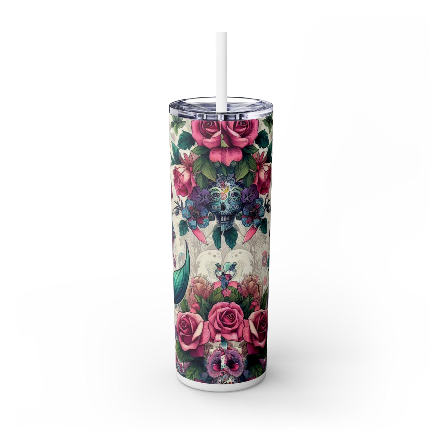 Mermaid Sugar Skull Skinny Tumbler with Straw, 20oz