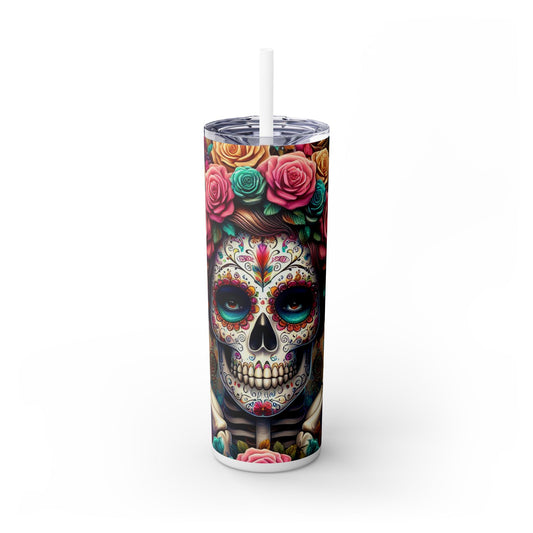 Sugar Skull Skinny Tumbler with Straw, 20oz