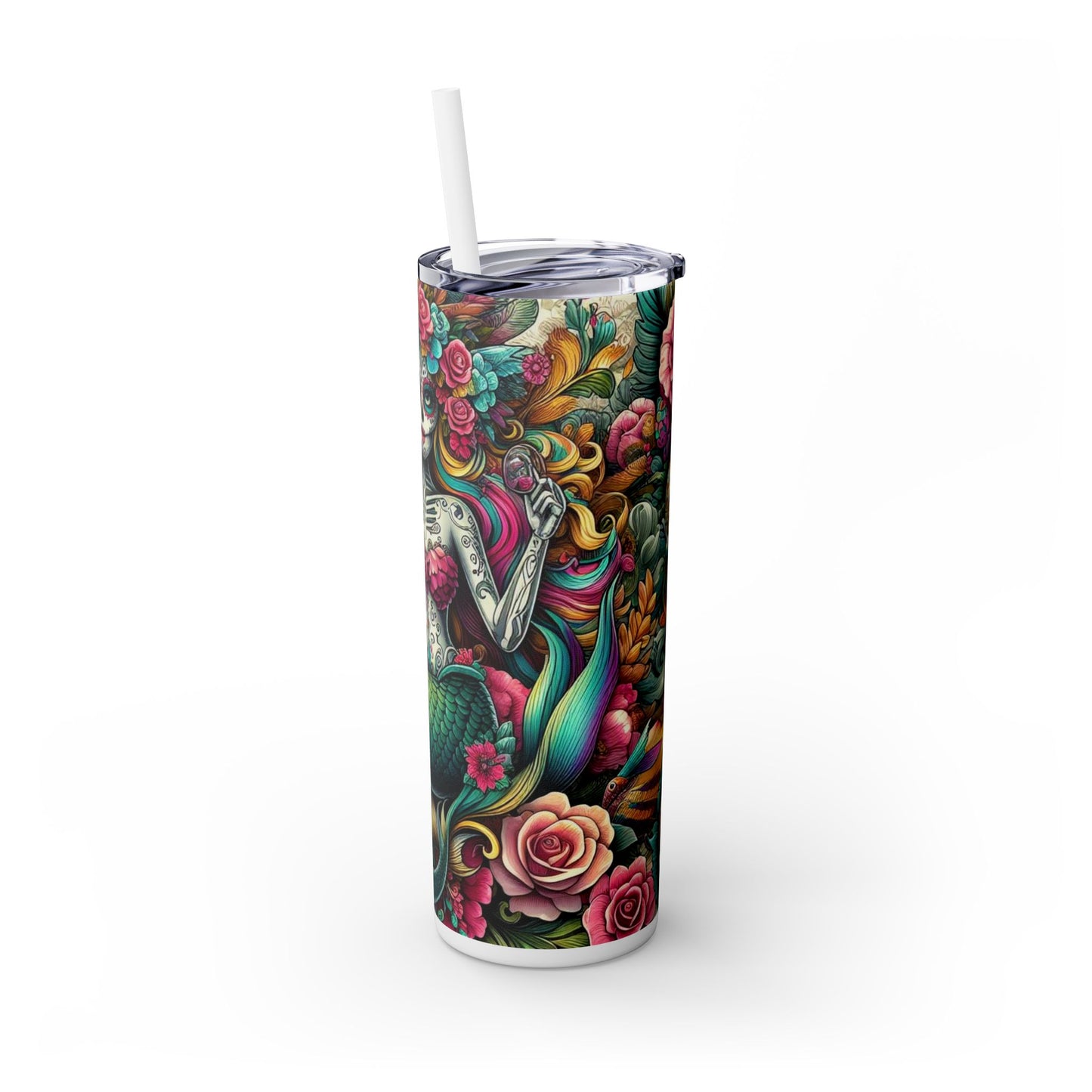 Mermaid Sugar Skull Skinny Tumbler with Straw, 20oz