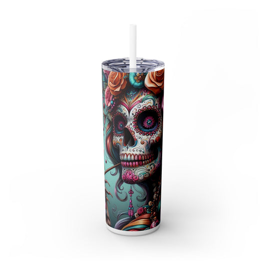 Sugar Skull Skinny Tumbler with Straw, 20oz