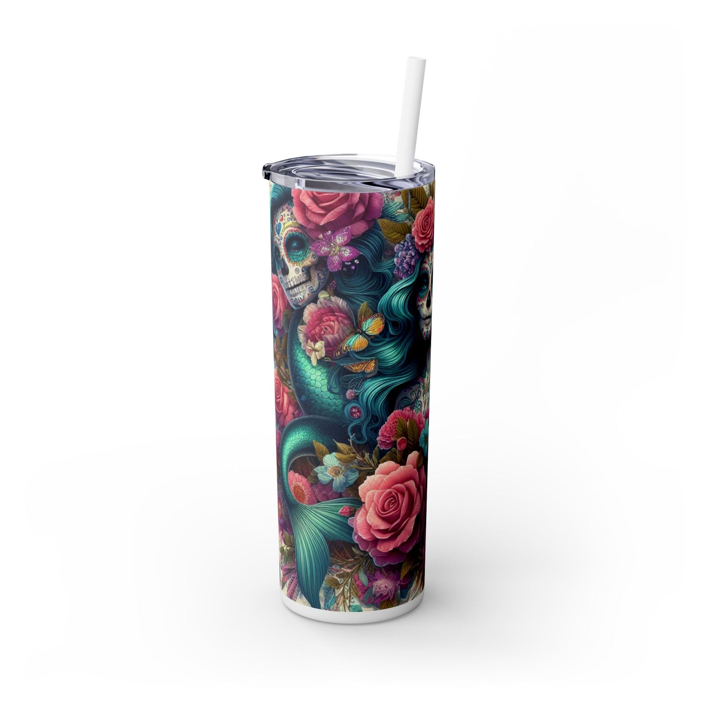 Mermaid Sugar Skull Skinny Tumbler with Straw, 20oz