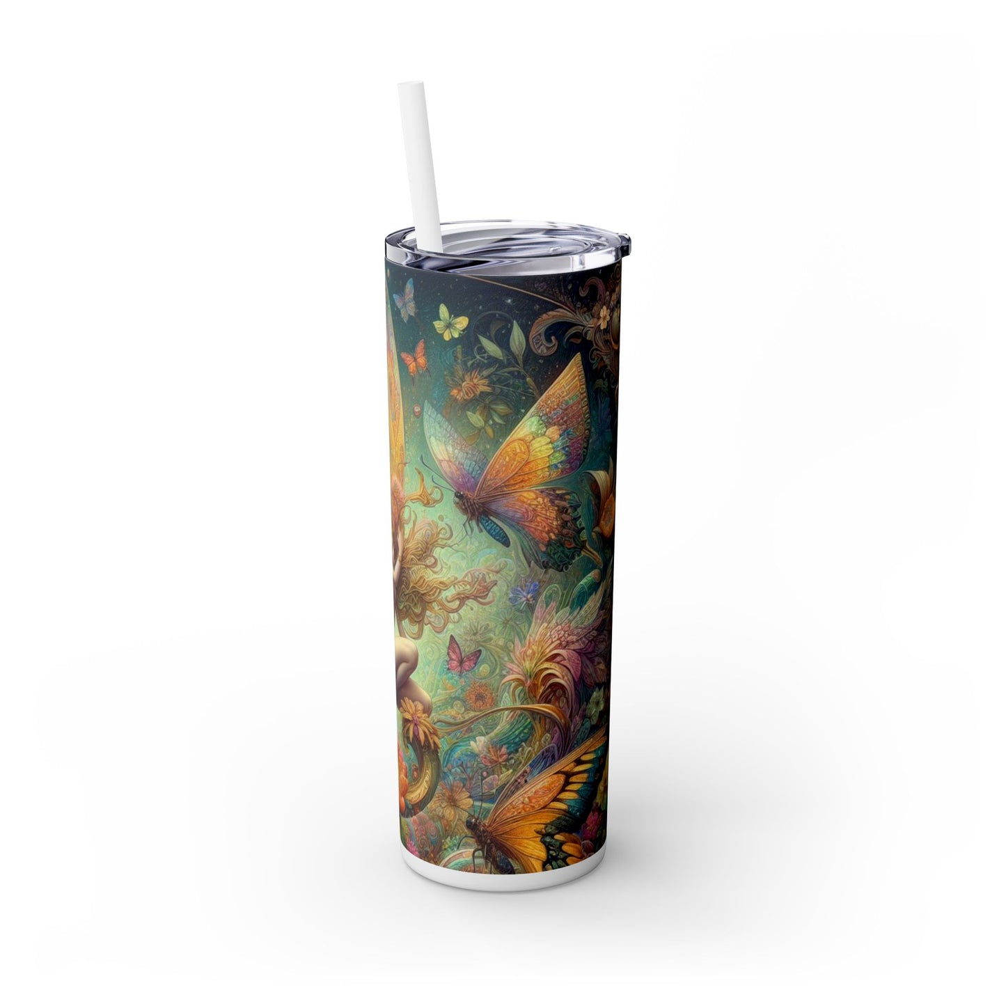 Fairy Butterfly Fantasy Skinny Tumbler with Straw, 20oz