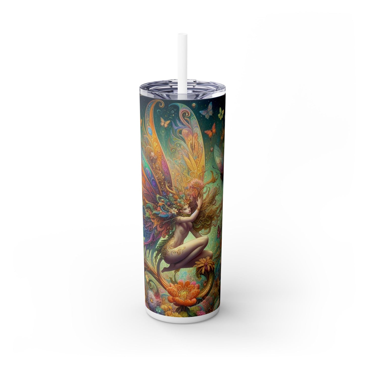 Fairy Butterfly Fantasy Skinny Tumbler with Straw, 20oz