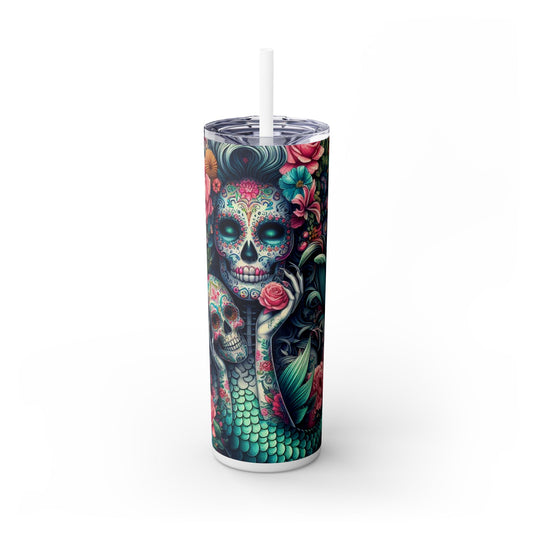 Mermaid Sugar Skull Skinny Tumbler with Straw, 20oz