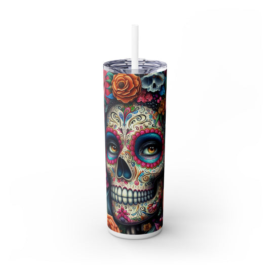 Sugar Skull Skinny Tumbler with Straw, 20oz