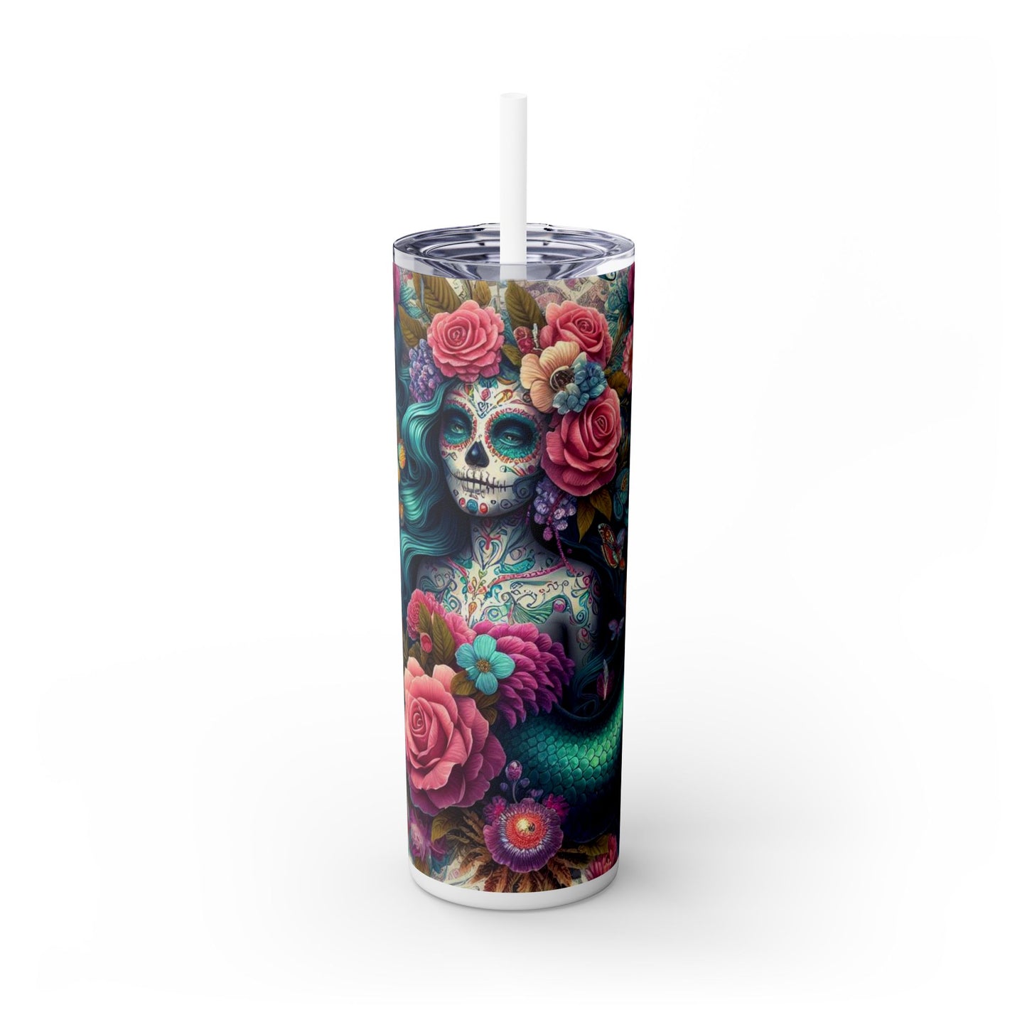 Mermaid Sugar Skull Skinny Tumbler with Straw, 20oz