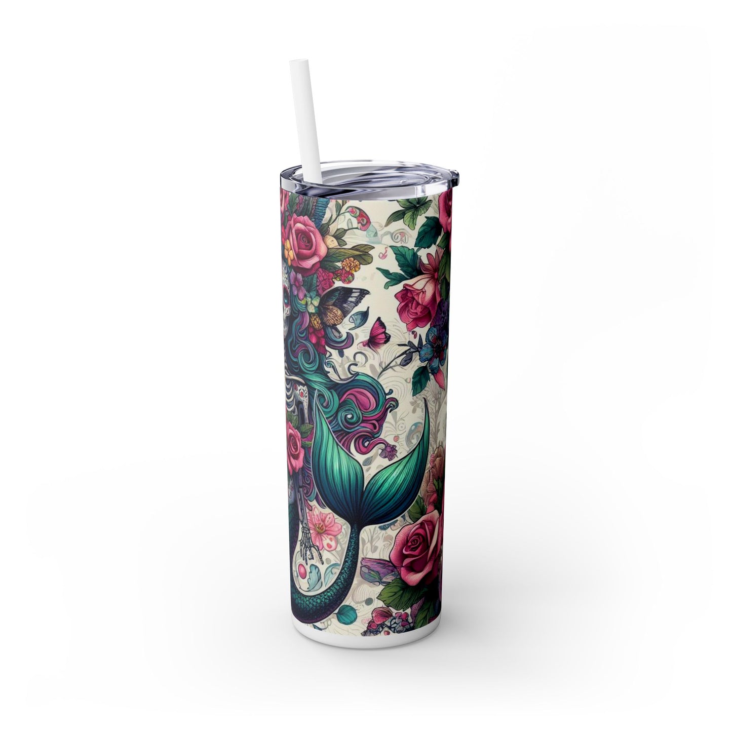 Mermaid Sugar Skull Skinny Tumbler with Straw, 20oz