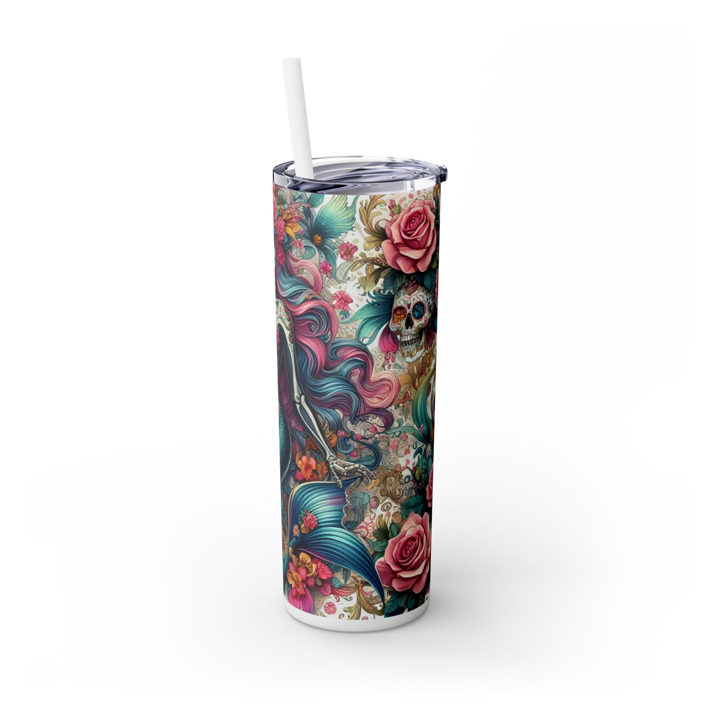 Mermaid Sugar Skull Skinny Tumbler with Straw, 20oz