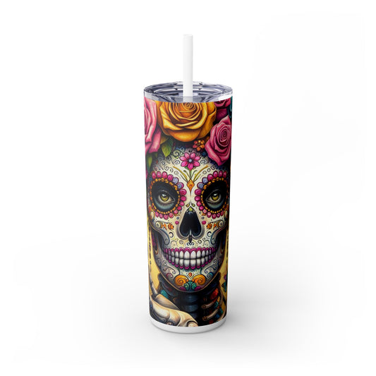 Sugar Skull Skinny Tumbler with Straw, 20oz