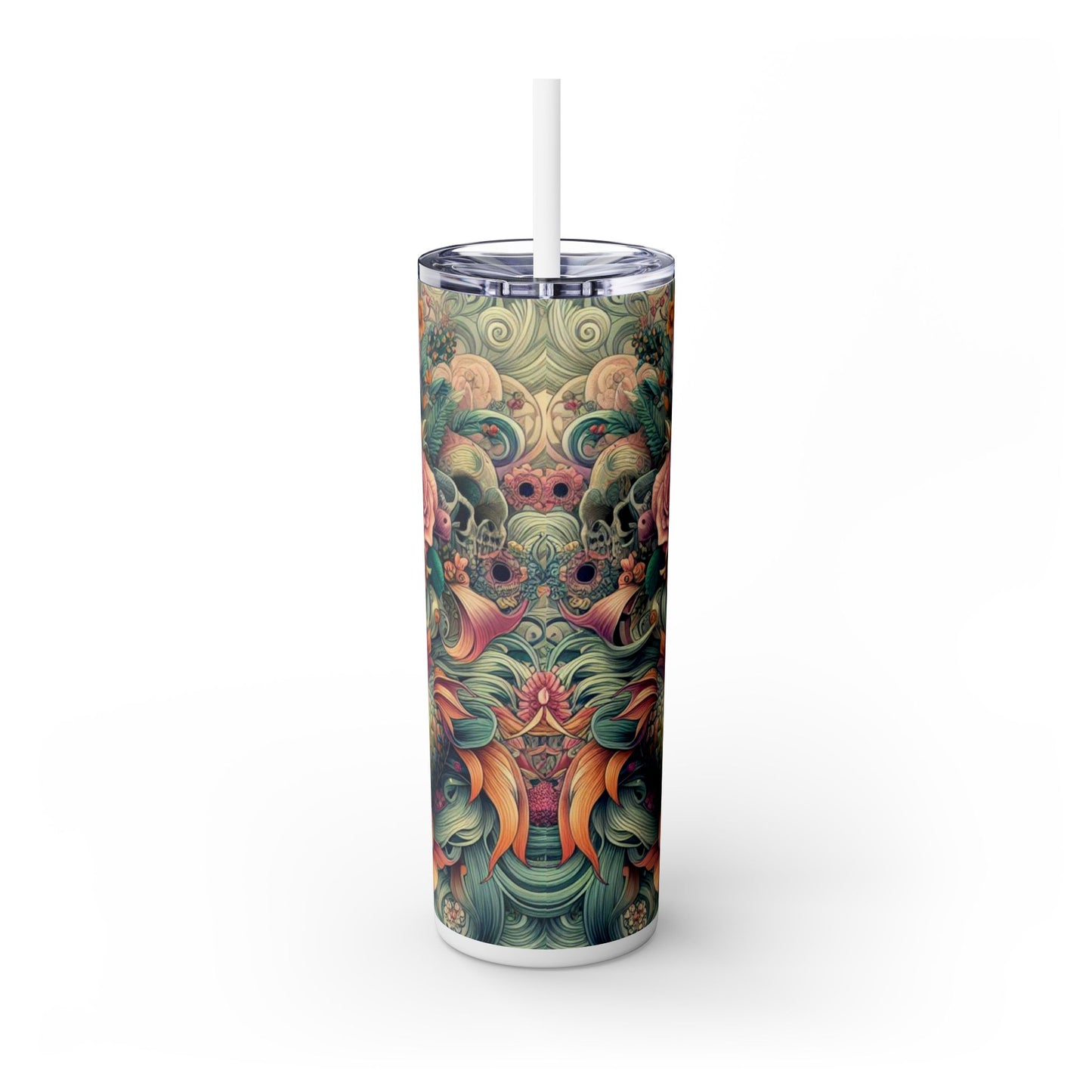 Mermaid Sugar Skull Skinny Tumbler with Straw, 20oz