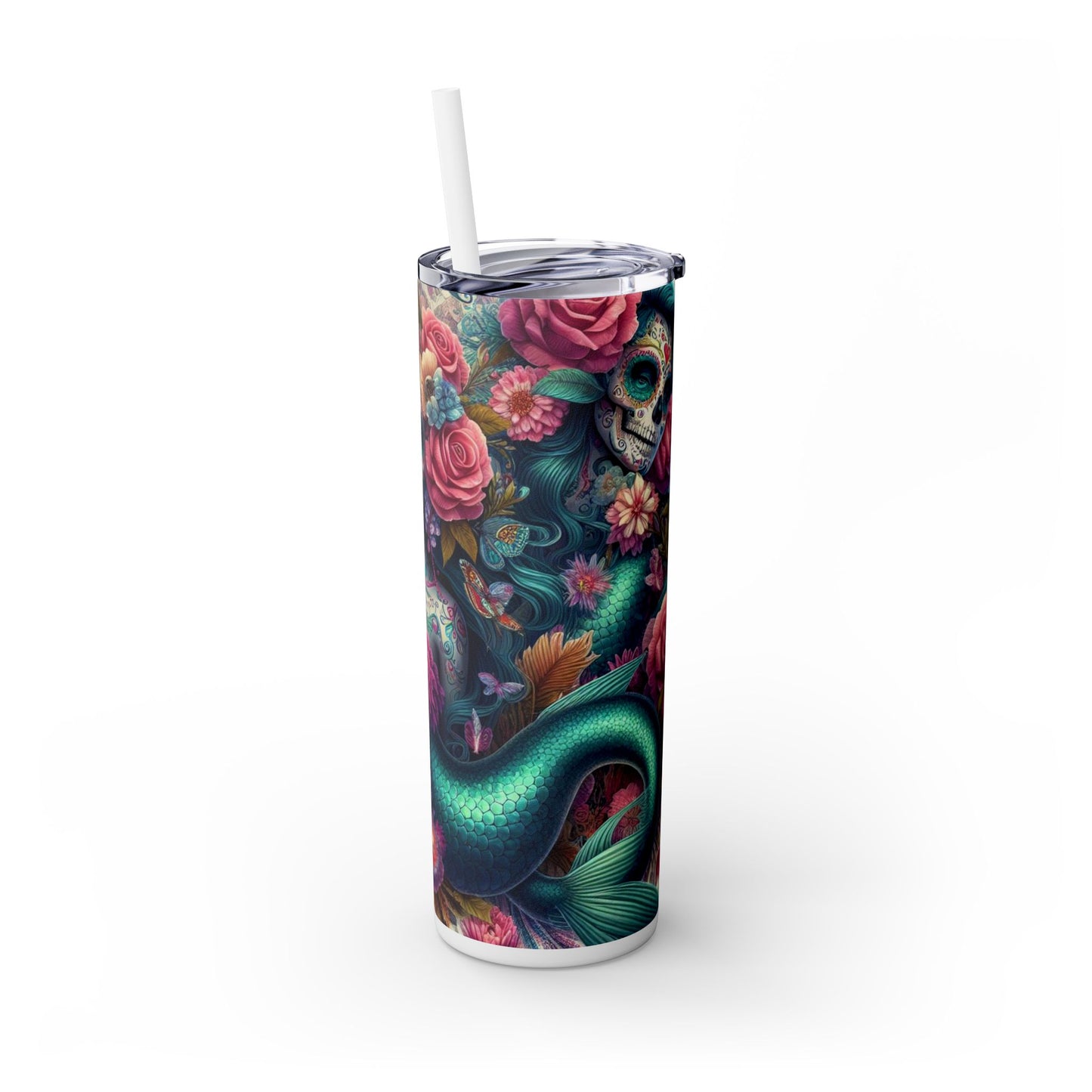 Mermaid Sugar Skull Skinny Tumbler with Straw, 20oz