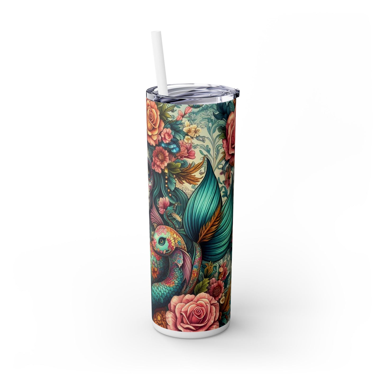 Mermaid Sugar Skull Skinny Tumbler with Straw, 20oz